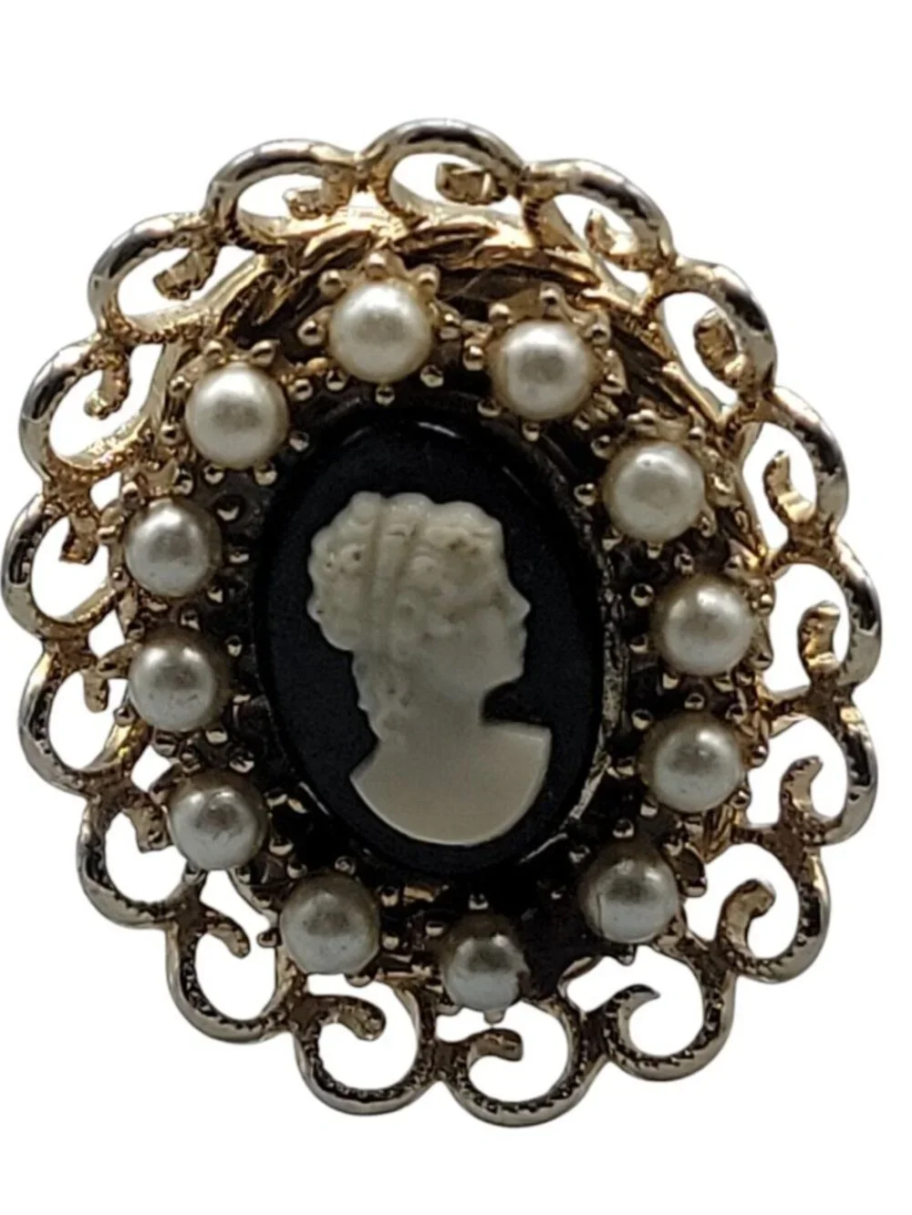 Coro Cameo Brooch Faux Resin  Gold Tone Open Work Frame Faux Pearl Black White